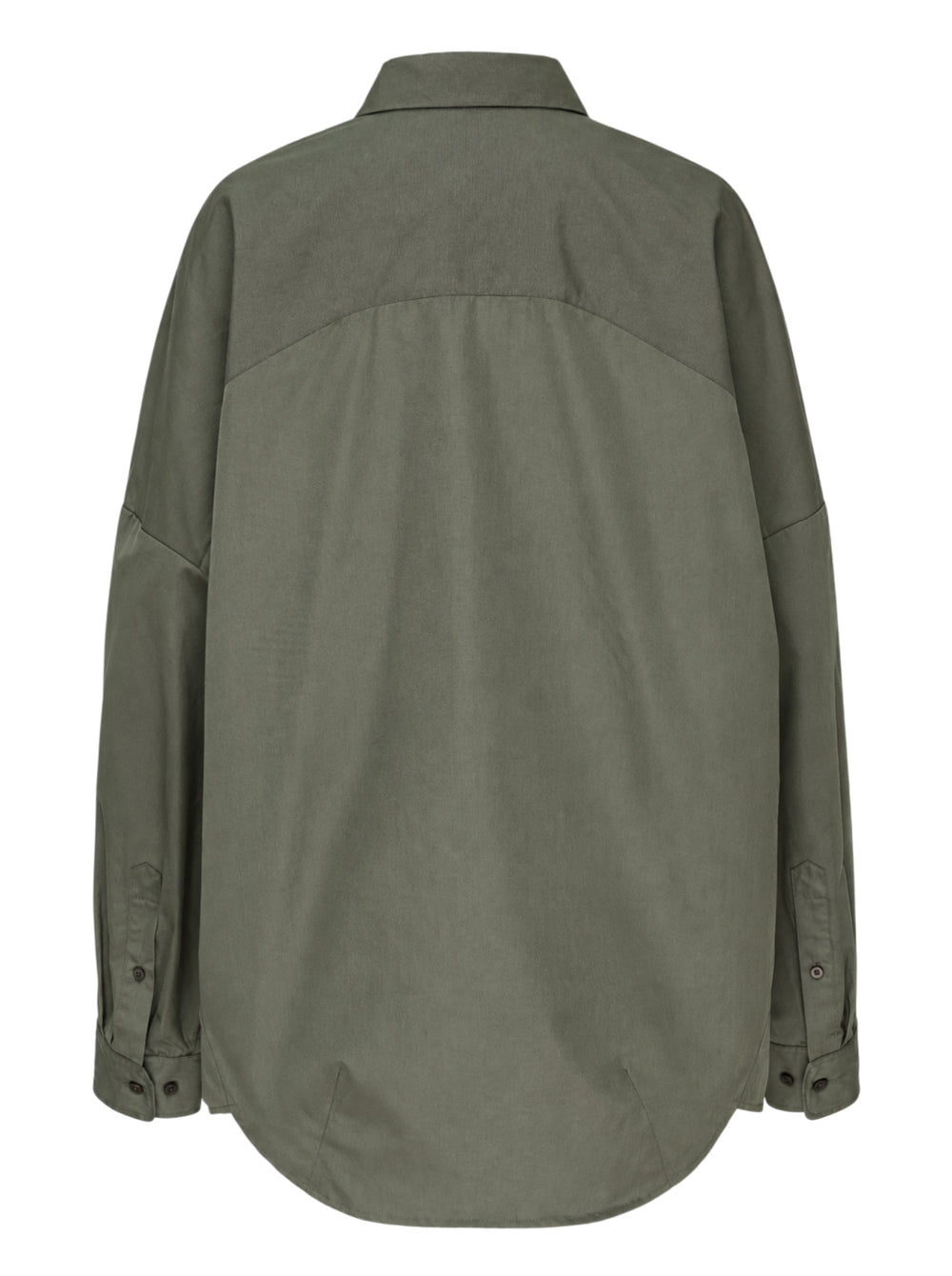 Dries Van Noten oversized cocoon shirt in olive green with pointed collar, dropped shoulders, long voluminous sleeves and button-front closure - view 2