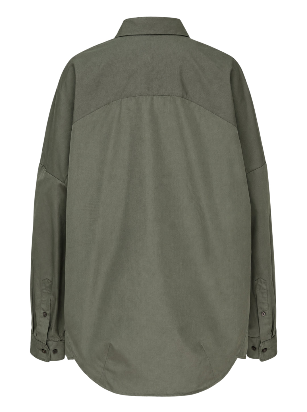 Dries Van Noten oversized cocoon shirt in olive green with pointed collar, dropped shoulders, long voluminous sleeves and button-front closure - view 2