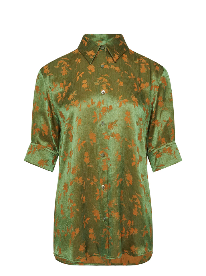 Dries Van Noten short sleeve shirt in olive green satin with all-over orange floral jacquard print, button front and folded cuffs