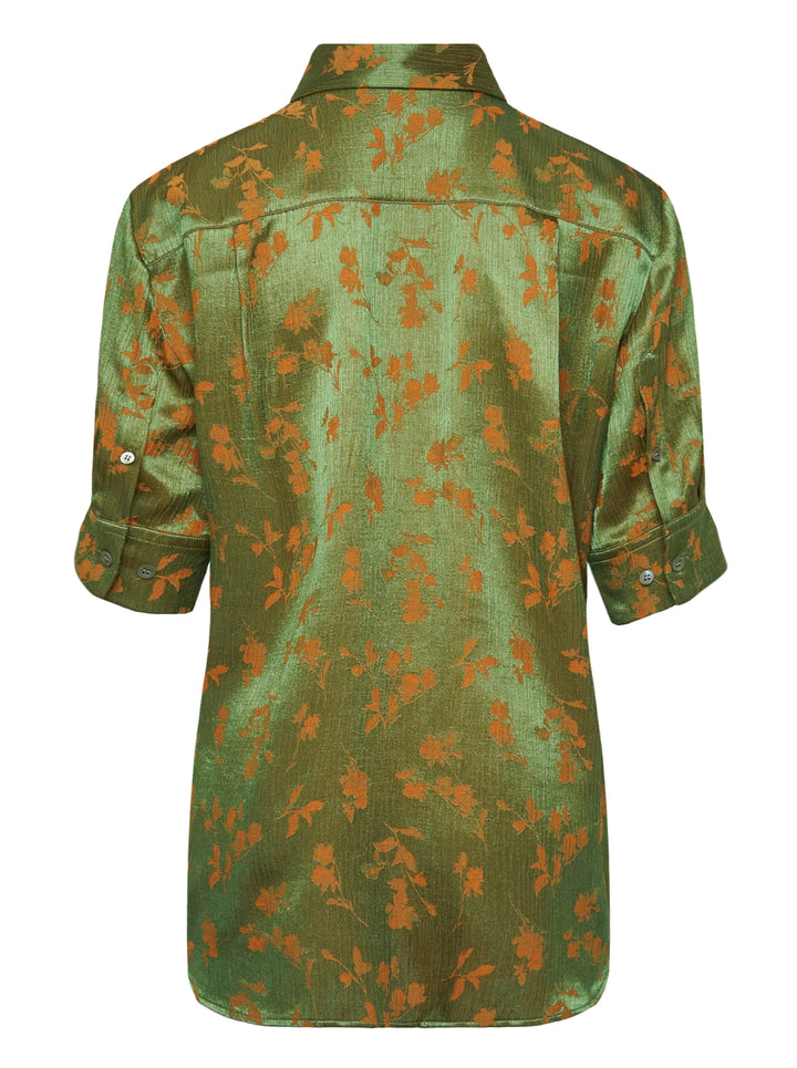Dries Van Noten short sleeve shirt in olive green satin with all-over orange floral jacquard print, button front and folded cuffs - view 2