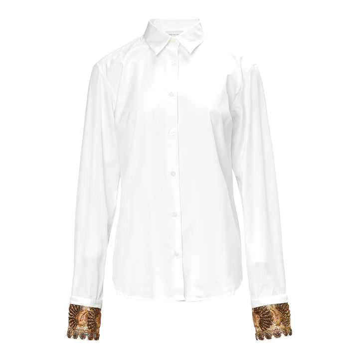 Dries Van Noten white long-sleeve blouse with ornate gold beaded and embroidered cuffs, front view on a ghost mannequin