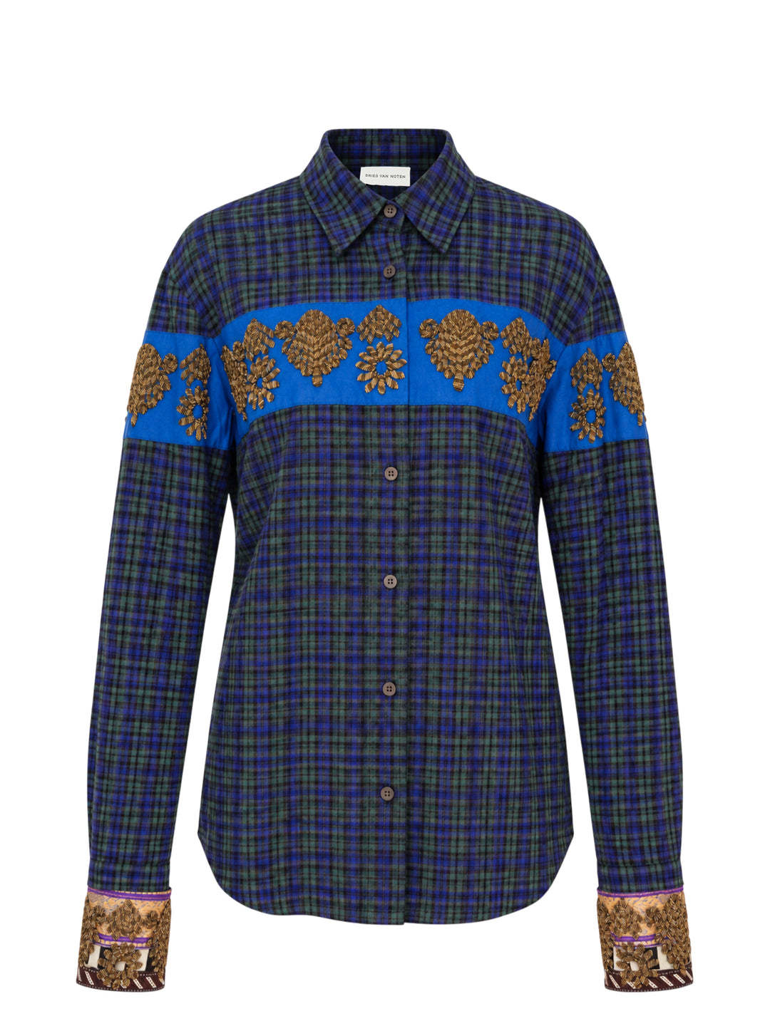 Dries Van Noten blue and green brushed flannel check shirt with cobalt chest band, gold embroidered motifs and embellished cuffs