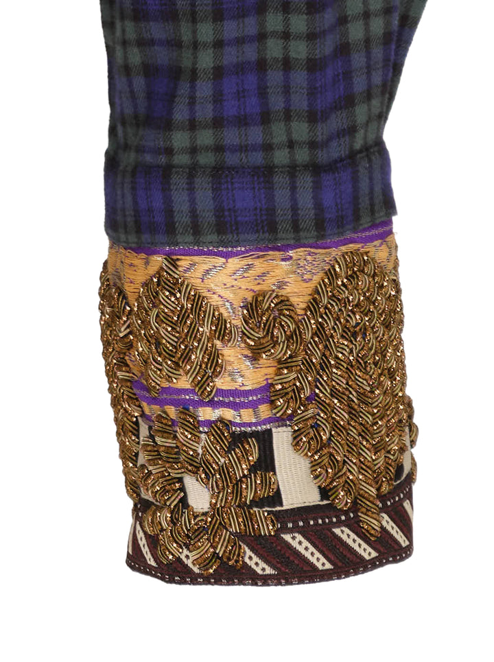 Dries Van Noten blue and green brushed flannel check shirt with cobalt chest band, gold embroidered motifs and embellished cuffs - view 4