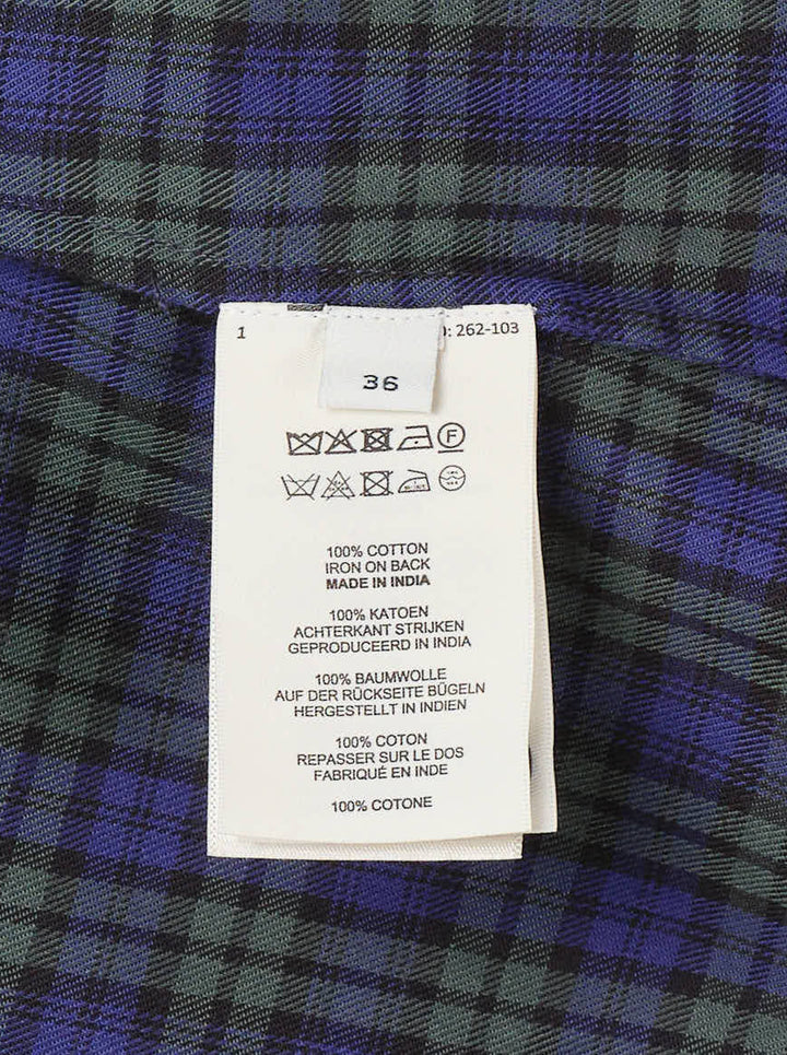 Dries Van Noten blue and green brushed flannel check shirt with cobalt chest band, gold embroidered motifs and embellished cuffs - view 5
