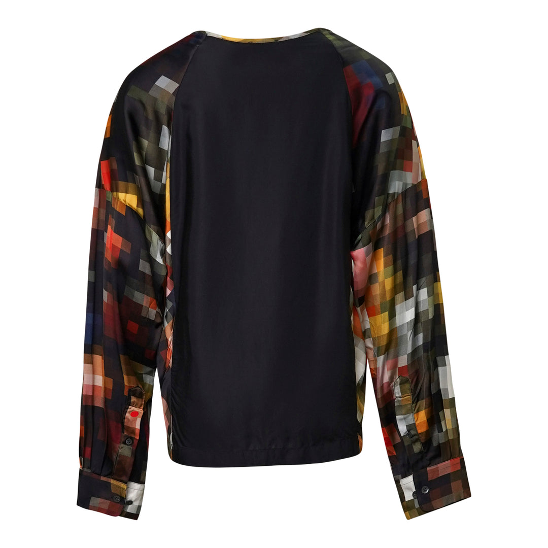 Dries Van Noten long-sleeve woven top — back view — with a Dutch Master floral bouquet print on a black body and pixelated mosaic-print sleeves in warm amber, red, and multicolour tones - view 2