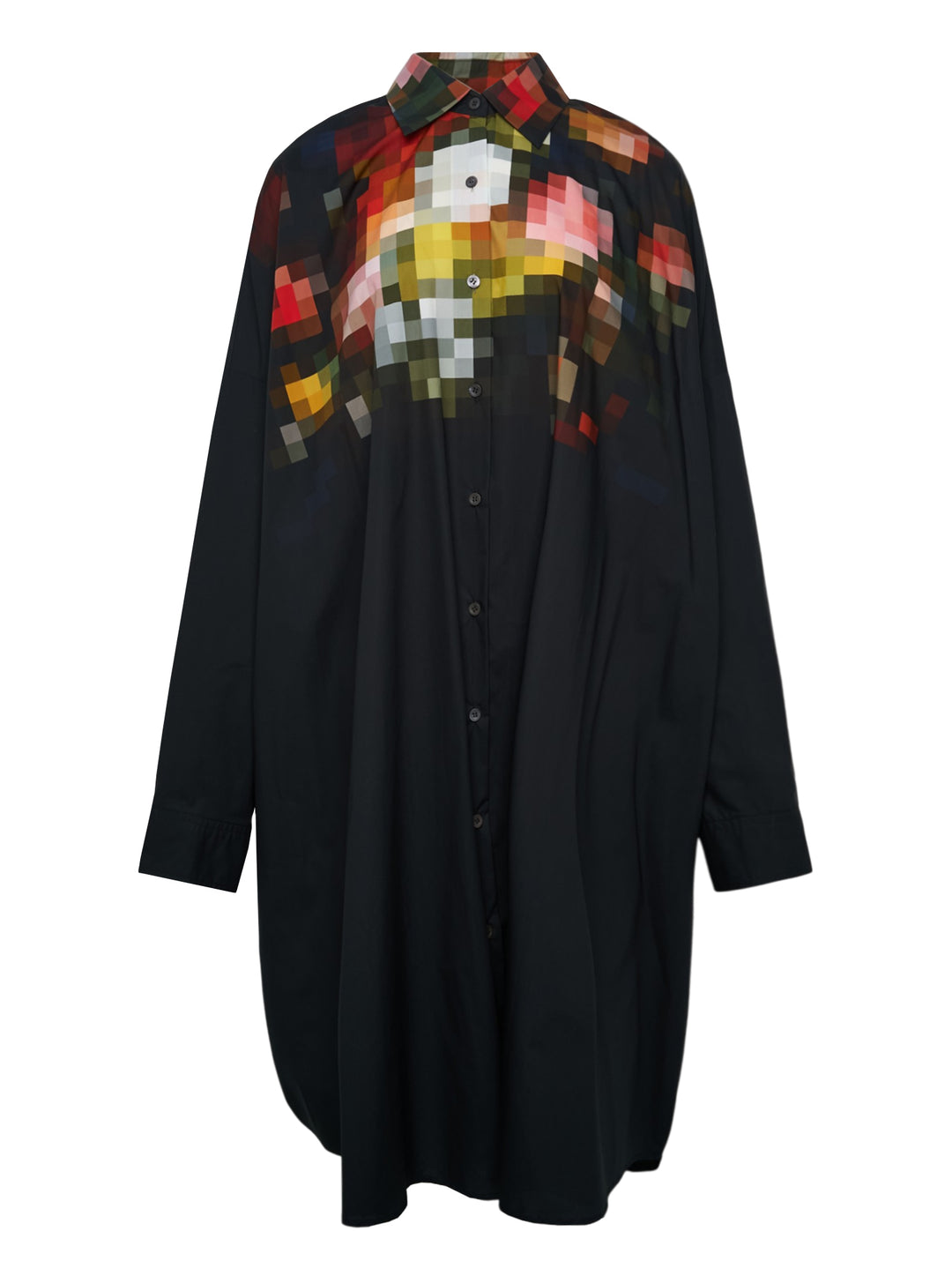 Dries Van Noten oversized black shirt dress with a vivid pixelated multicolour print across the yoke, featuring a button-front placket, point collar, and long sleeves