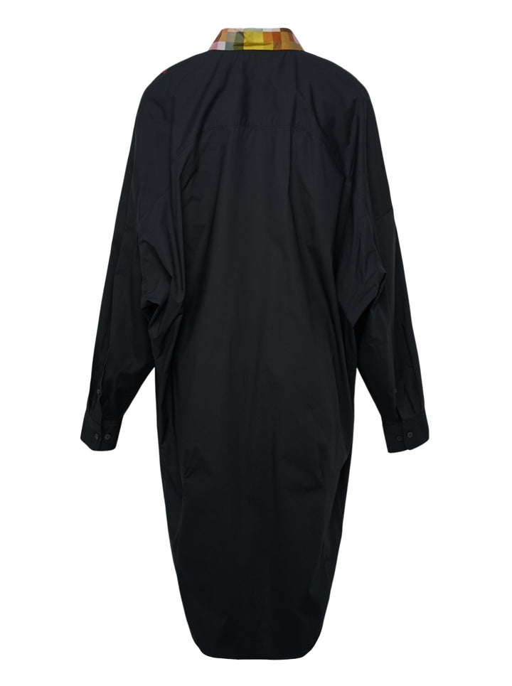 Dries Van Noten oversized black shirt dress with a vivid pixelated multicolour print across the yoke, featuring a button-front placket, point collar, and long sleeves - view 2