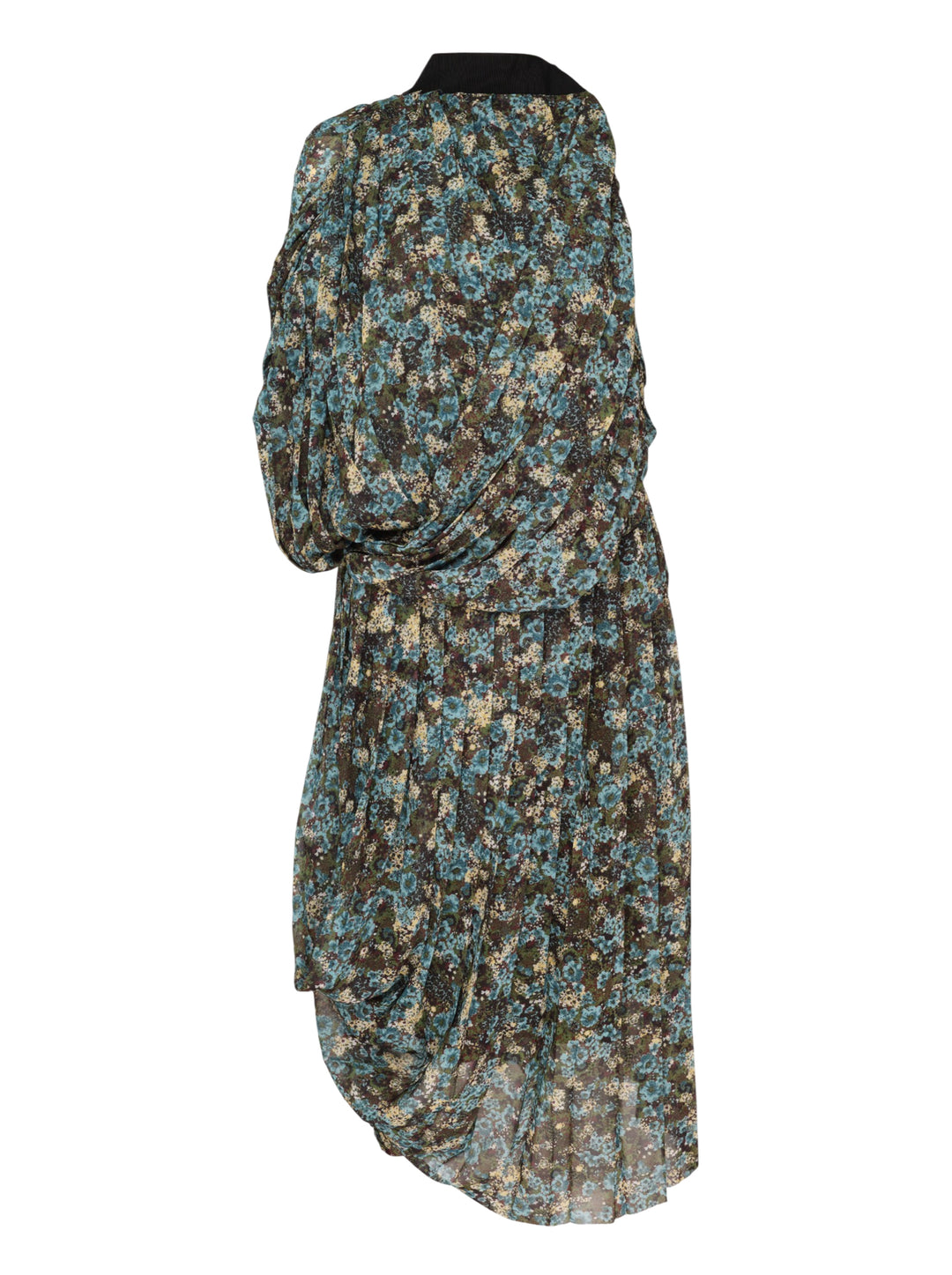 Dries Van Noten asymmetrical pleated dress in a blue, olive, and ivory floral print with draped bodice and ribbed black neckline trim