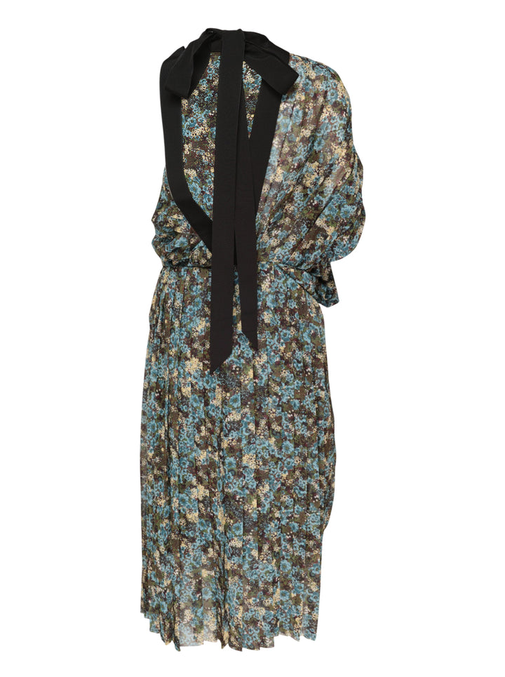 Dries Van Noten asymmetrical pleated dress in a blue, olive, and ivory floral print with draped bodice and ribbed black neckline trim - view 2
