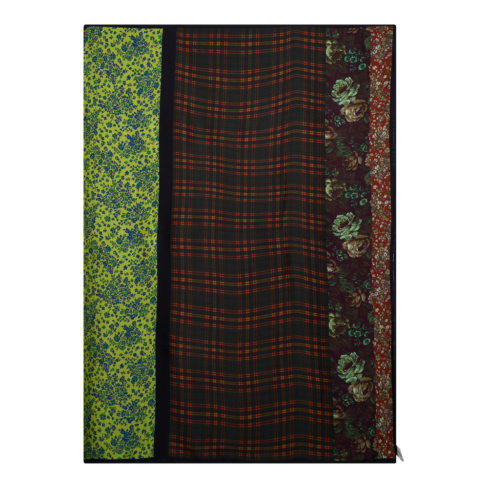 Dries Van Noten Twin Print Floral Pareo Scarf featuring a Dutch Masters-style bouquet of tulips, peonies, and roses on a black ground, framed by a cobalt blue and red tartan border