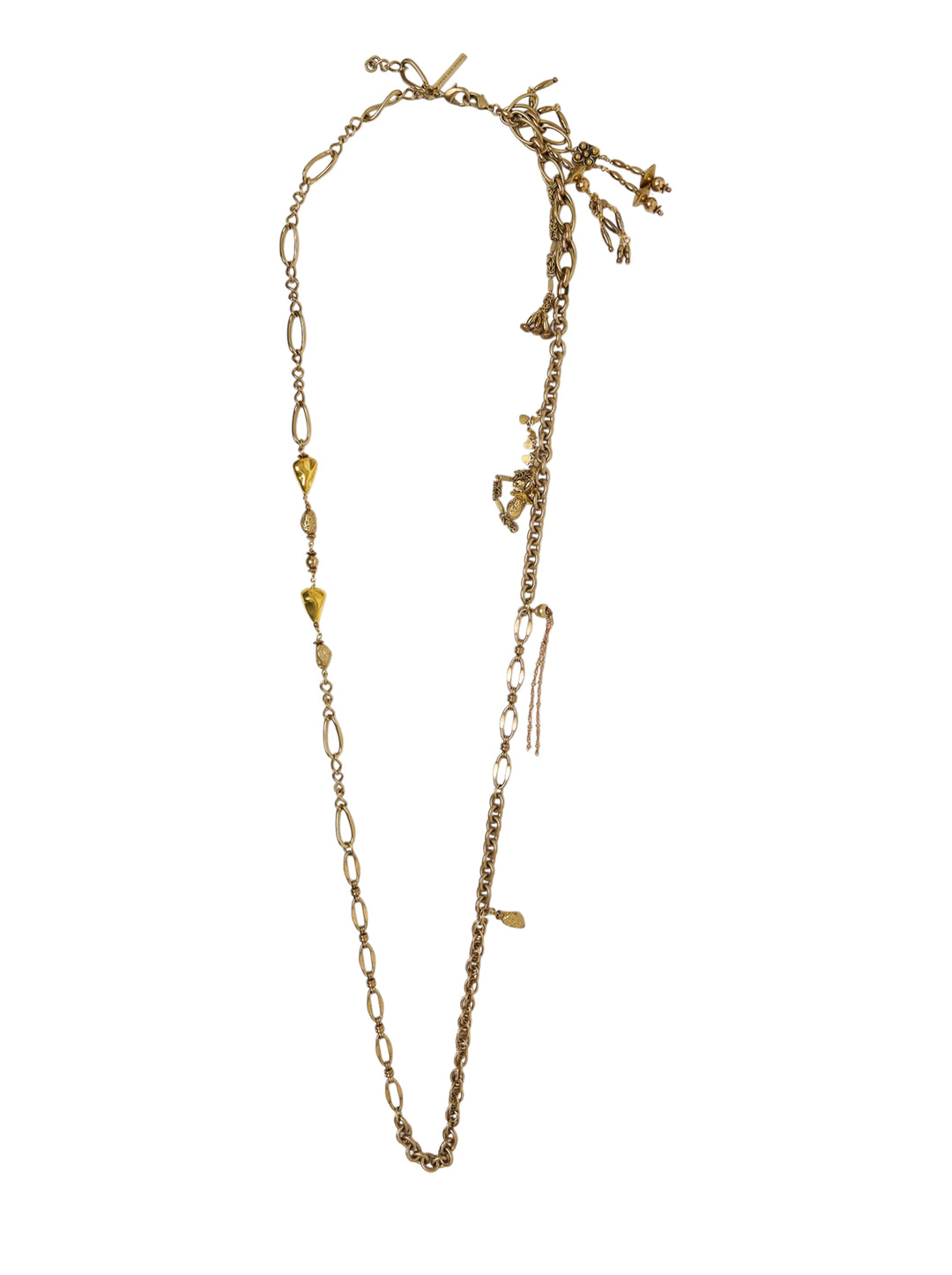 Dries Van Noten long mixed chain charm necklace in antique gold-tone, featuring oval and rolo chain links with an asymmetric cluster of eclectic charms and a toggle clasp closure