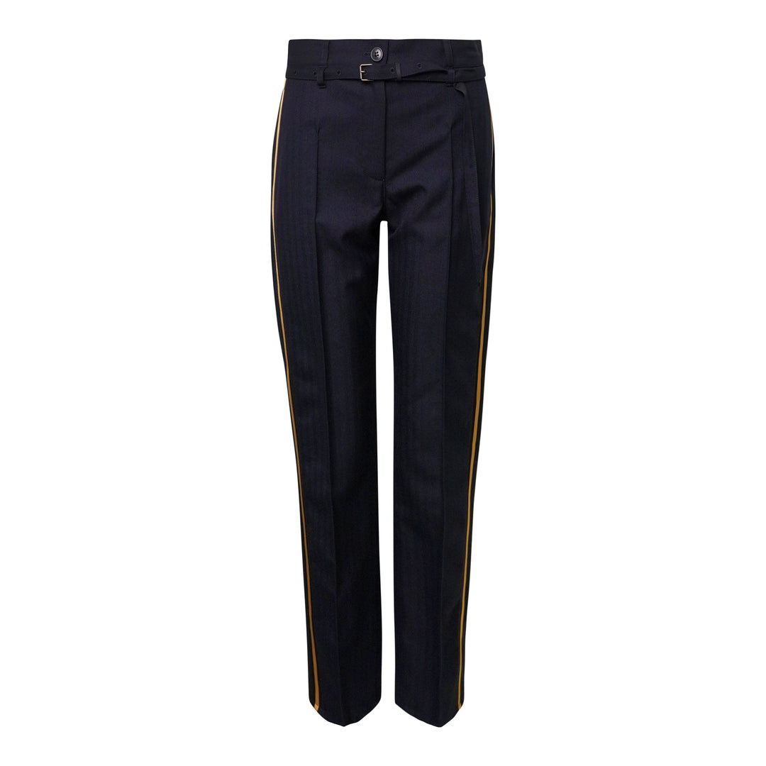 Dries Van Noten navy pleated high-rise trousers with gold contrast stripe along both outer seams and adjustable buckle tab waist closure