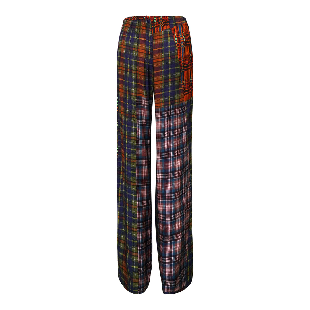 Dries Van Noten patchwork plaid straight-leg trousers featuring mixed tartan and check panels in red, navy, and green tones with an elasticated drawstring waist - view 2