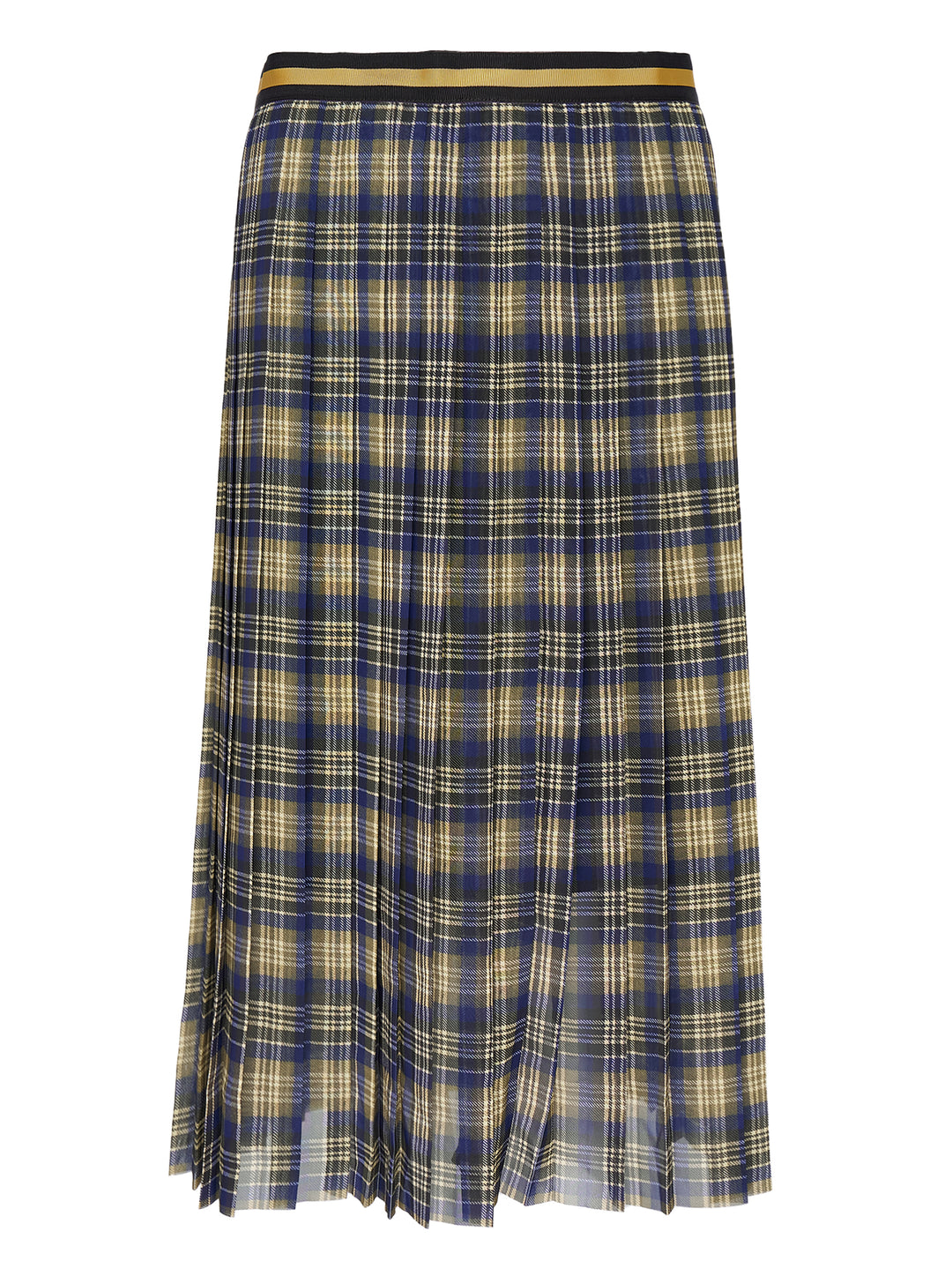Dries Van Noten pleated midi skirt in navy, olive and cream plaid with a black and gold striped waistband