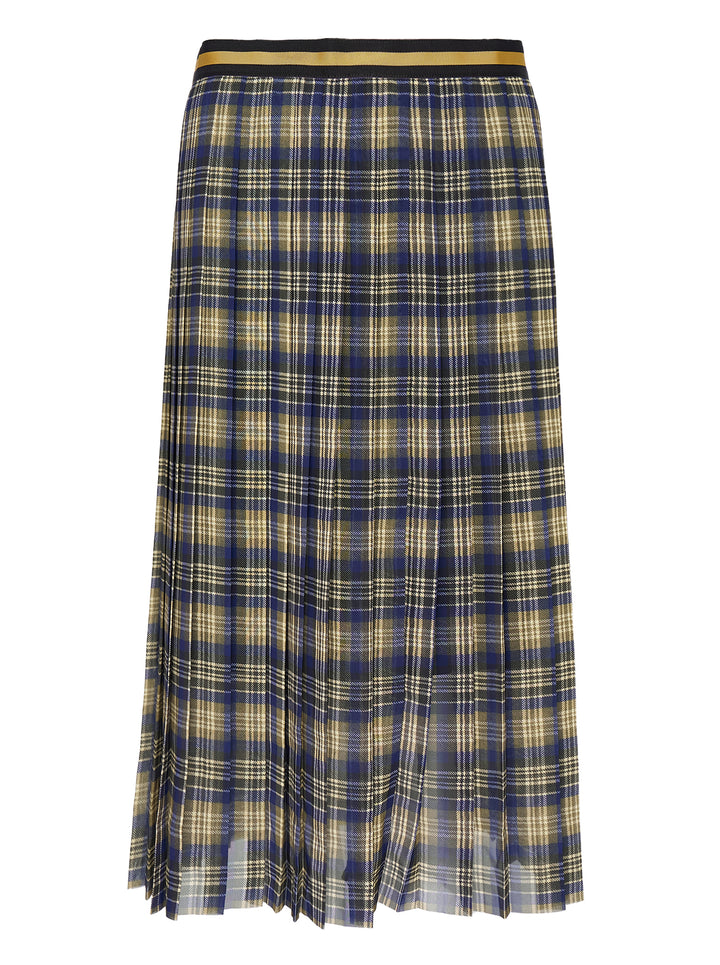 Dries Van Noten pleated midi skirt in navy, olive and cream plaid with a black and gold striped waistband