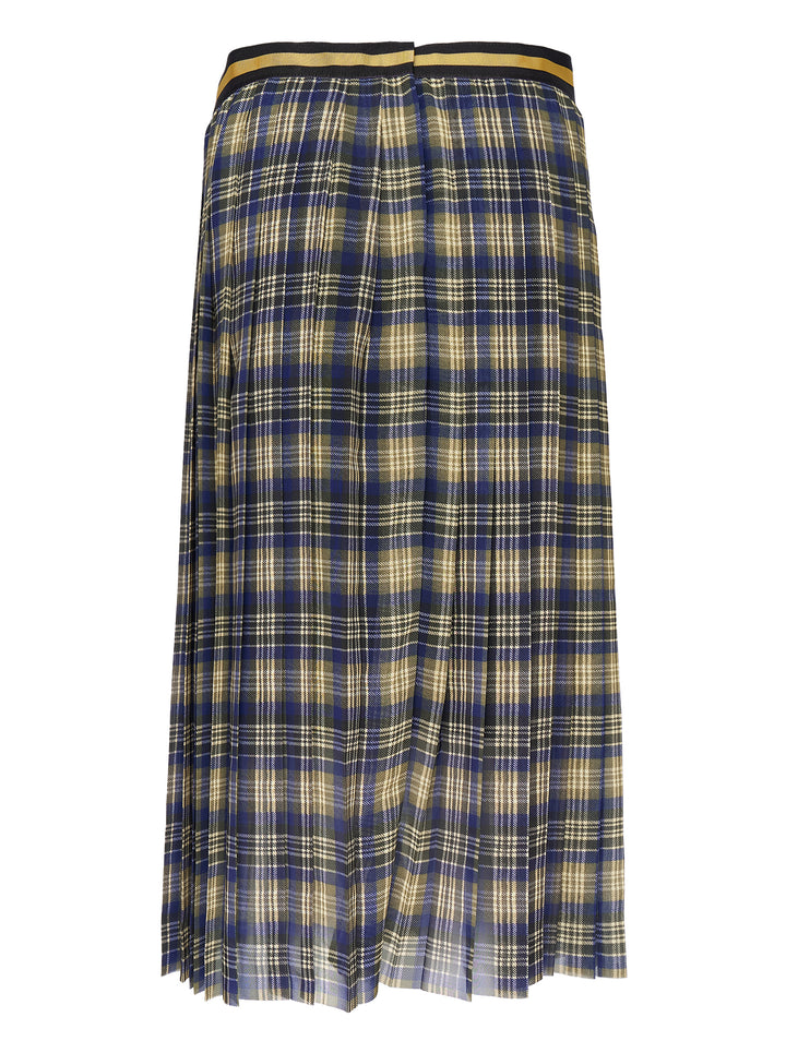 Dries Van Noten pleated midi skirt in navy, olive and cream plaid with a black and gold striped waistband - view 2