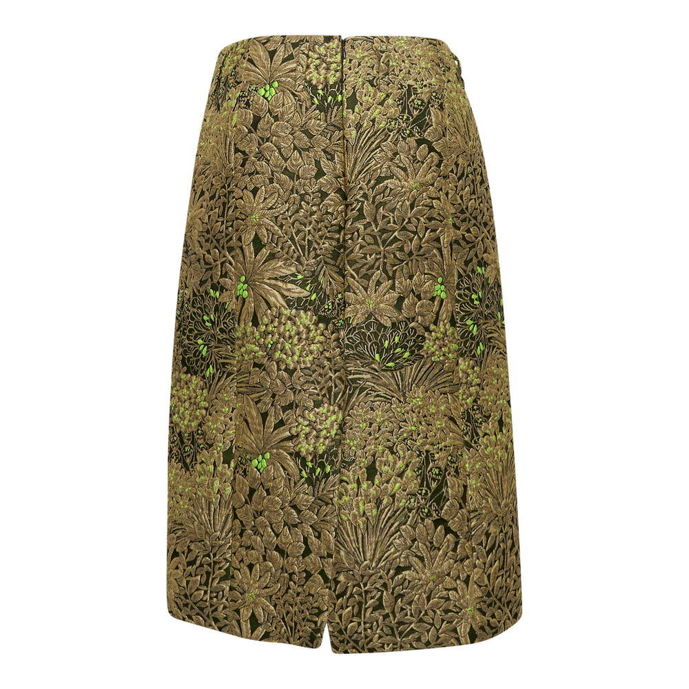 Dries Van Noten A-line skirt in gold botanical jacquard with deep green ground and neon green accent details, rear view on white background - view 2