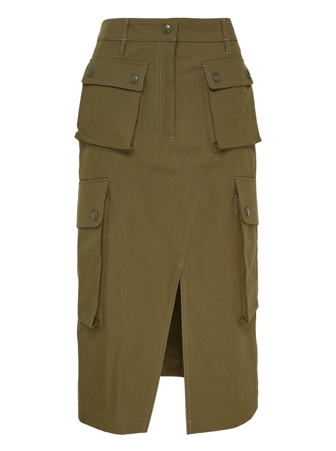 Dries Van Noten olive green straight cargo midi skirt with four snap-button flap pockets, contrast topstitching, and a centre-front vent, on a white background