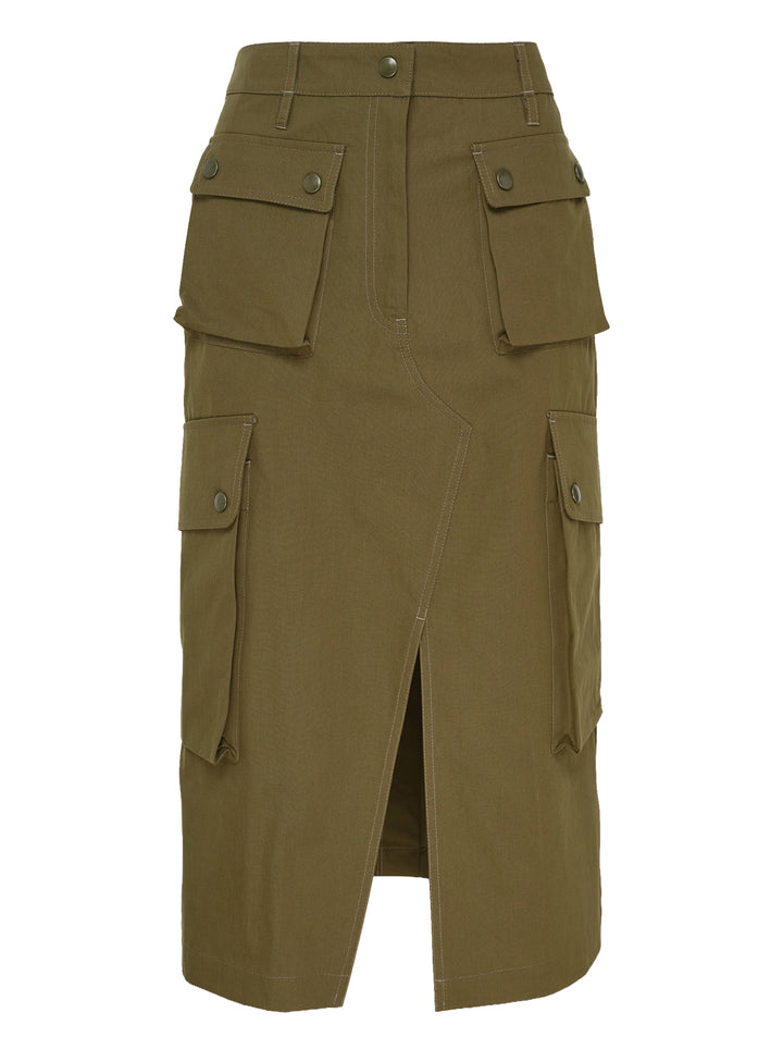 Dries Van Noten olive green straight cargo midi skirt with four snap-button flap pockets, contrast topstitching, and a centre-front vent, on a white background