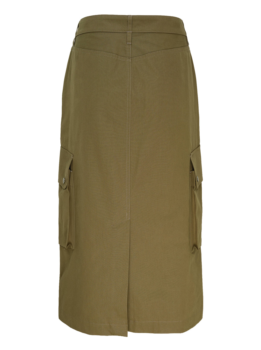 Dries Van Noten olive green straight cargo midi skirt with four snap-button flap pockets, contrast topstitching, and a centre-front vent, on a white background - view 2
