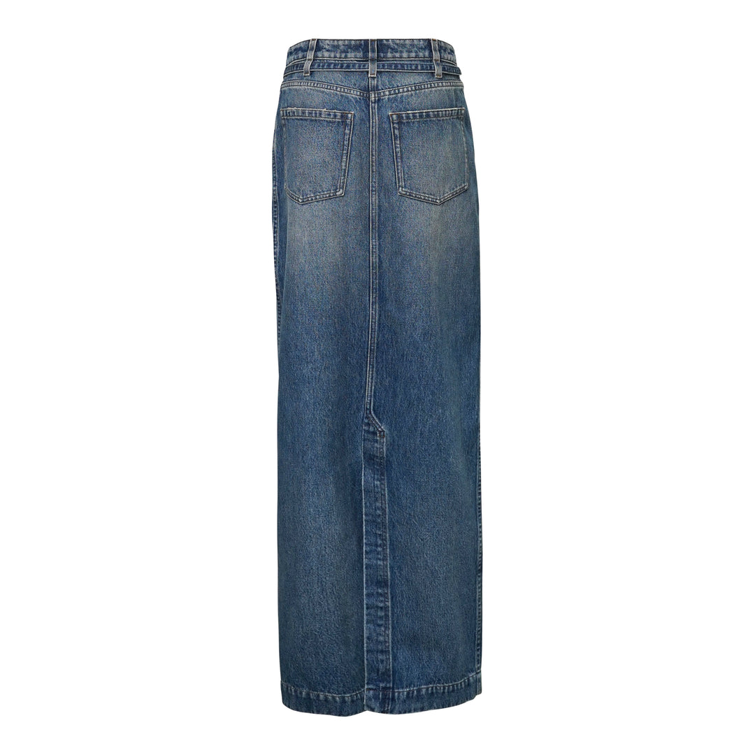 Dries Van Noten straight floor-length mid-blue washed denim skirt with front slit, belted high waist, and five-pocket construction, on a white background - view 2