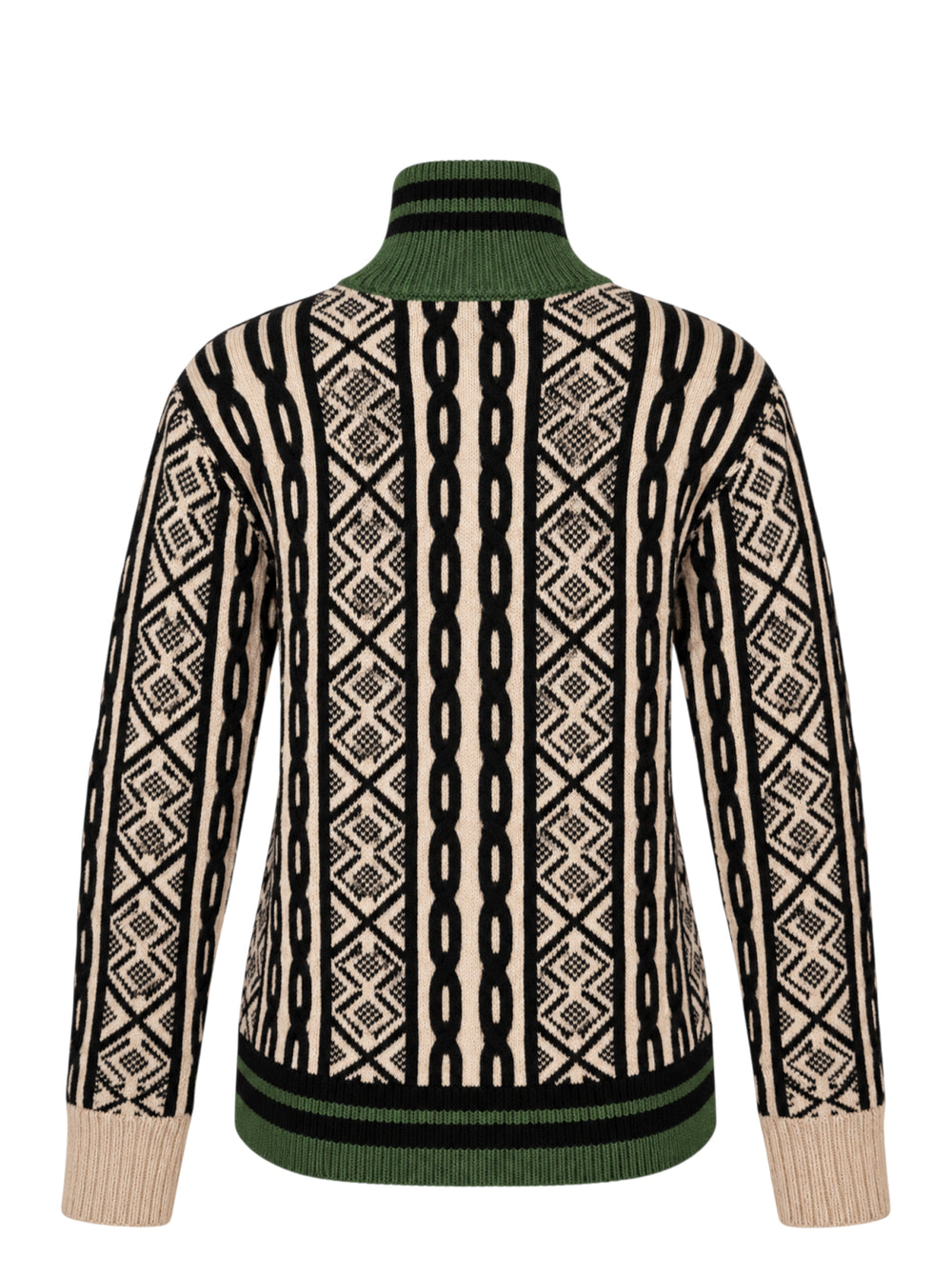 Dries Van Noten zip-front cardigan with cream and black cable and geometric jacquard knit, green striped ribbed high neck and hem - view 2