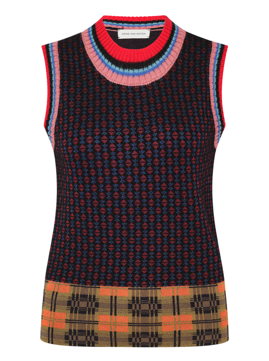 Dries Van Noten sleeveless knit vest with geometric jacquard body, striped ribbed neckline and plaid-pattern hem