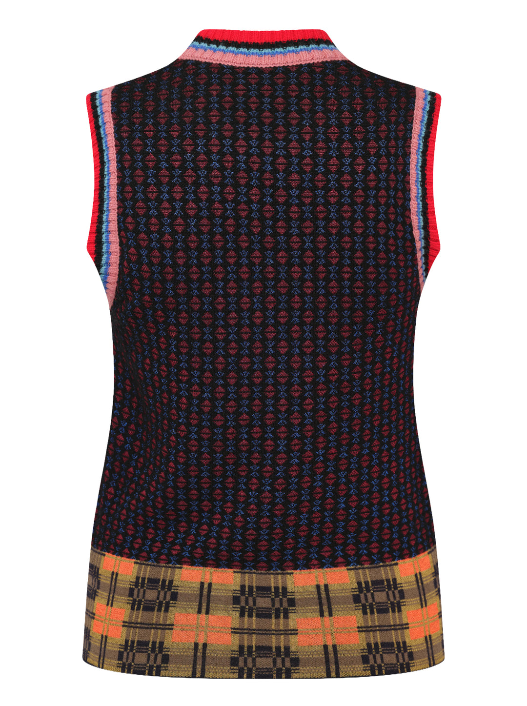 Dries Van Noten sleeveless knit vest with geometric jacquard body, striped ribbed neckline and plaid-pattern hem - view 2