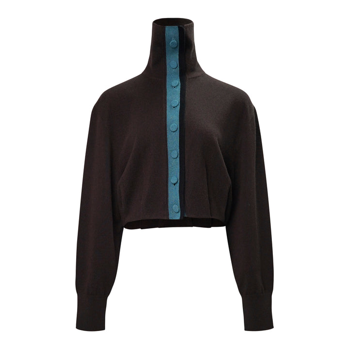 Dries Van Noten Contrast Trim Cardigan in dark brown with a teal ribbed button placket and high funnel neck, cropped silhouette with long sleeves