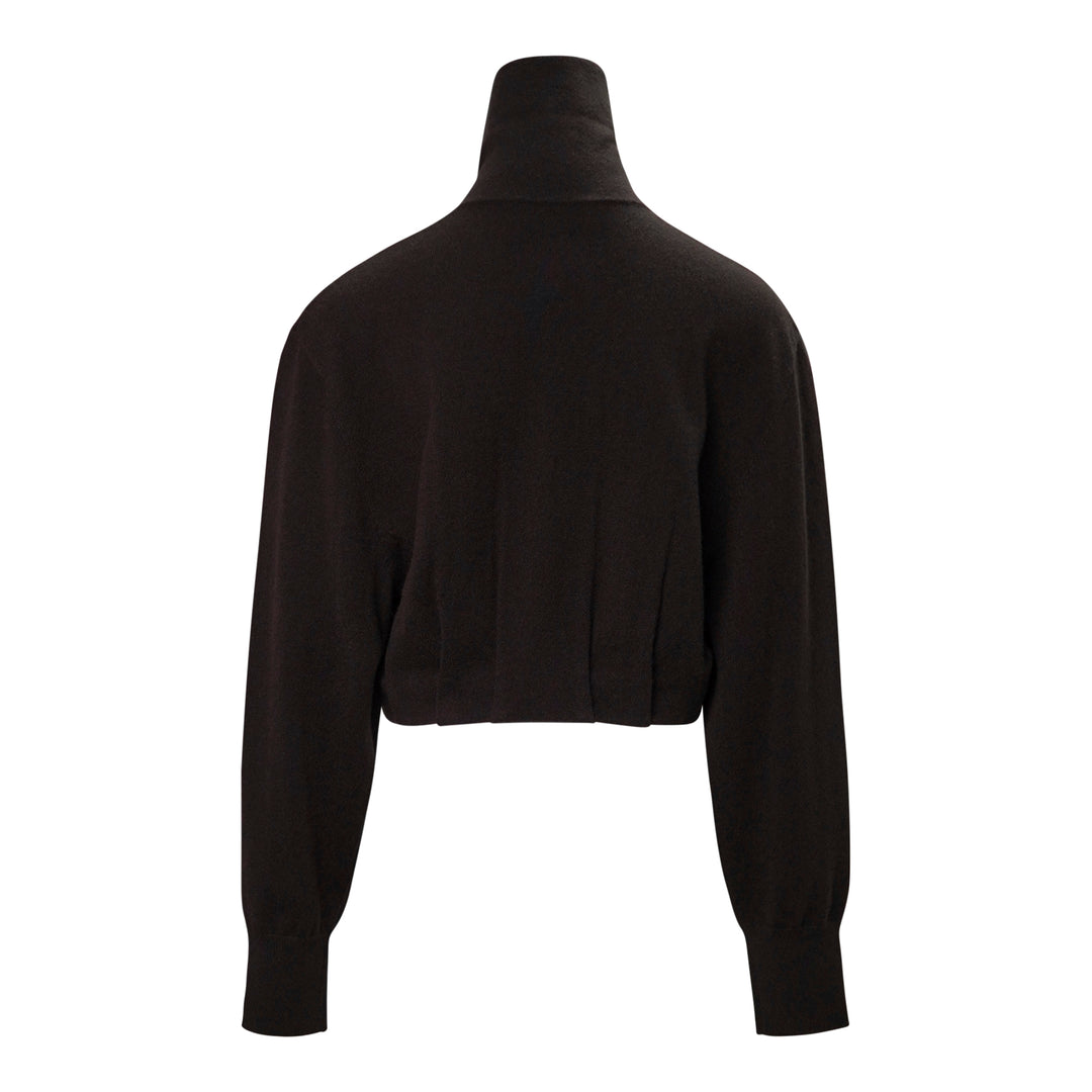 Dries Van Noten Contrast Trim Cardigan in dark brown with a teal ribbed button placket and high funnel neck, cropped silhouette with long sleeves - view 2
