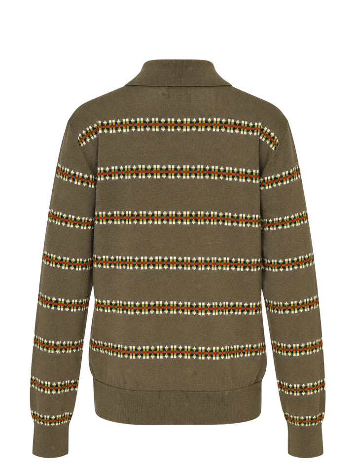 Dries Van Noten olive green long sleeve knit polo with multicolour jacquard stripes and fabric-covered buttons - view 2