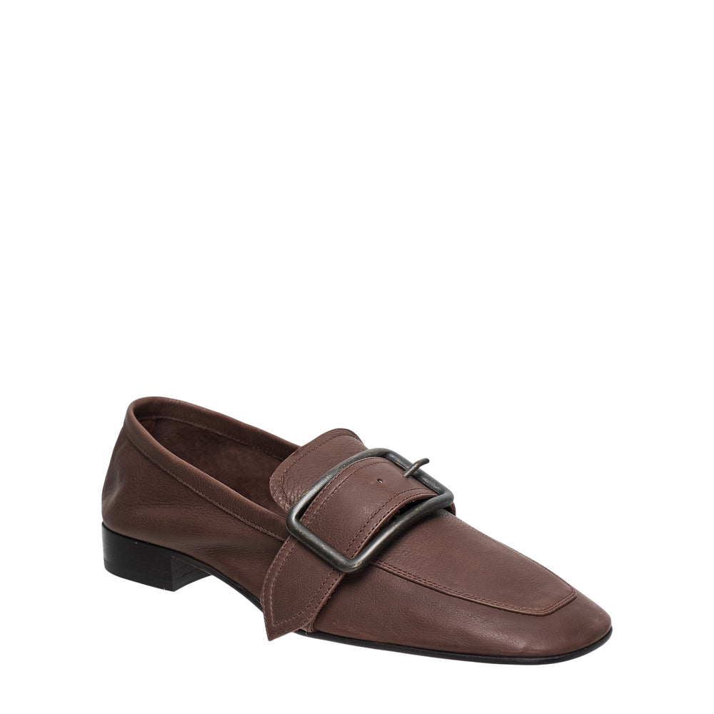 Dries Van Noten brown pebbled leather loafer with oversized antiqued gunmetal buckle strap and square toe, featuring a low stacked heel - view 2