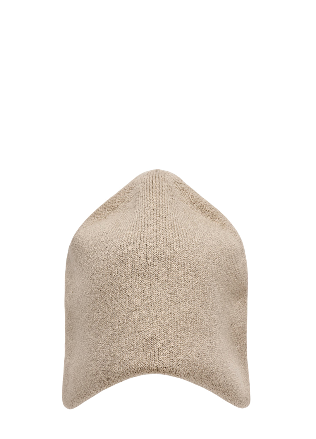 Beige knit hat with a pointed crown and curved brim by Homme Plissé Issey Miyake, from the Winter Gear collection