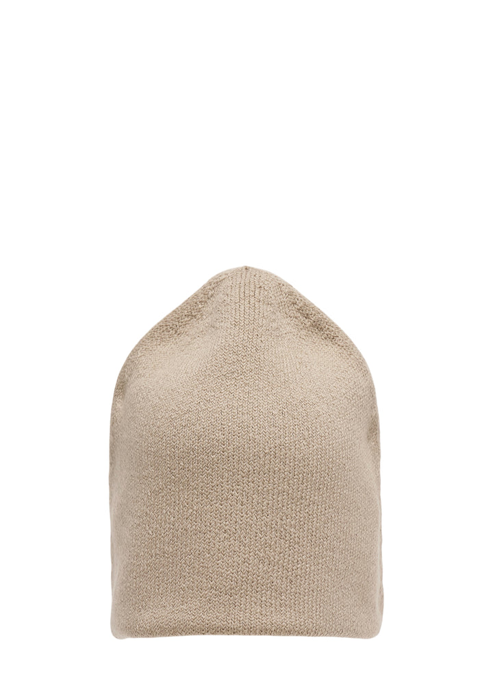 Beige knit hat with a pointed crown and curved brim by Homme Plissé Issey Miyake, from the Winter Gear collection - view 2