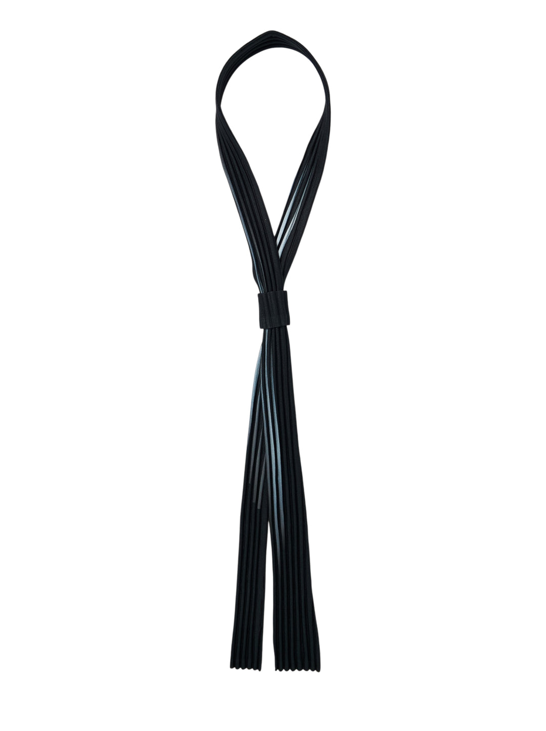 Black pleated slim tie by Homme Plissé Issey Miyake with a sliding keeper, shown looped against a white background