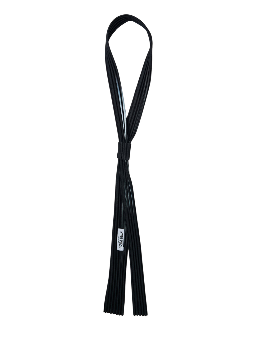 Black pleated slim tie by Homme Plissé Issey Miyake with a sliding keeper, shown looped against a white background - view 2