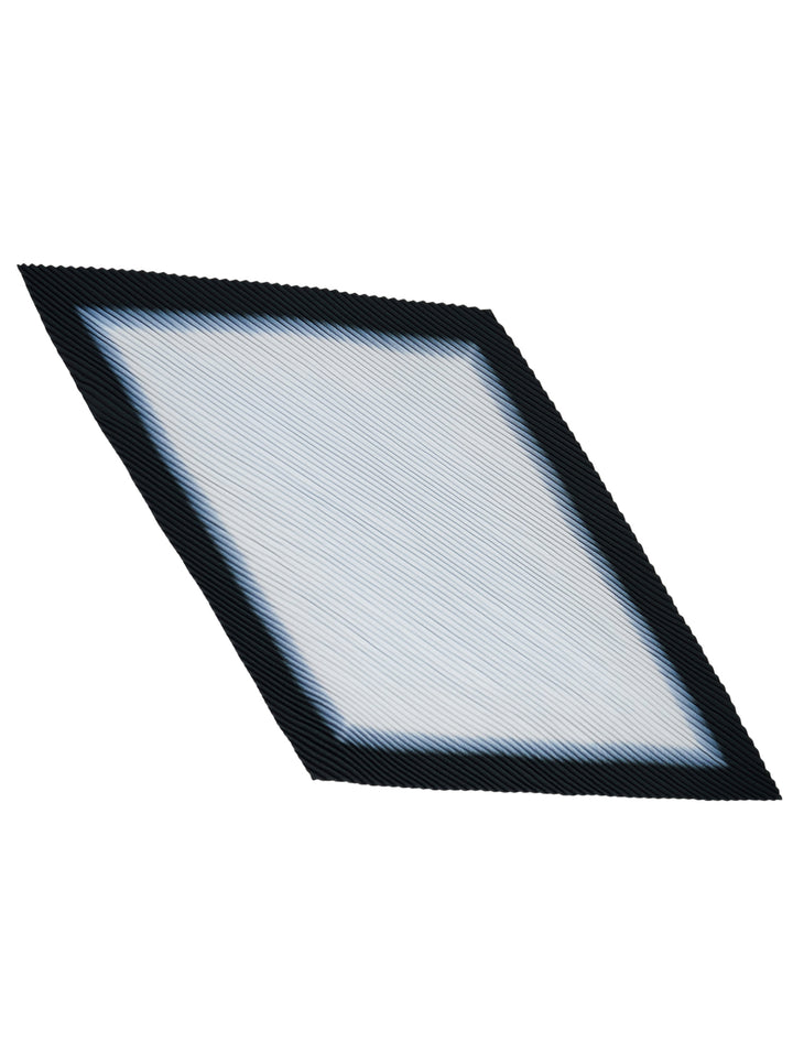 Homme Plissé Issey Miyake Framework Chusen Stole, a diamond-shaped pleated scarf with a dark indigo border fading to a pale centre