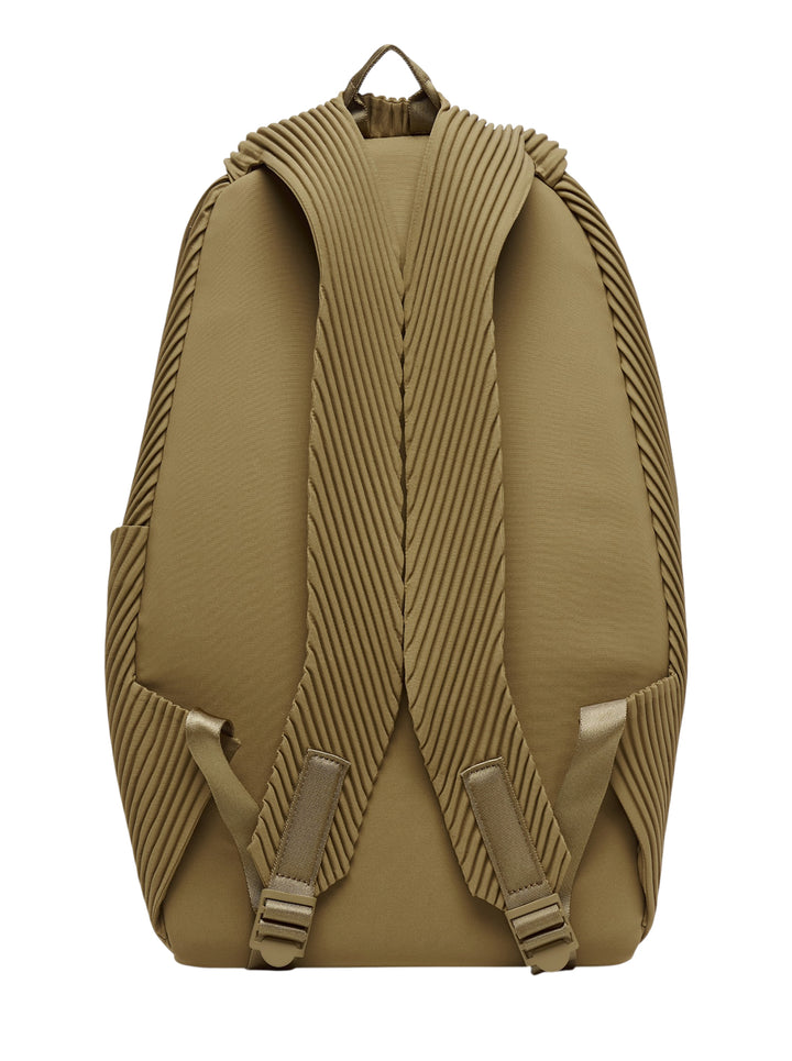 Back view of the Homme Plissé Issey Miyake Pleats Backpack in olive khaki, showing the pleated shoulder straps, adjustable buckles, and top carry handle