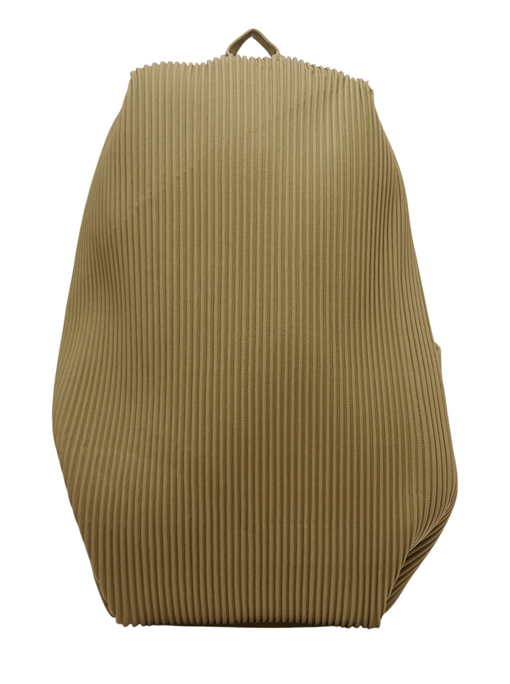 Back view of the Homme Plissé Issey Miyake Pleats Backpack in olive khaki, showing the pleated shoulder straps, adjustable buckles, and top carry handle - view 2