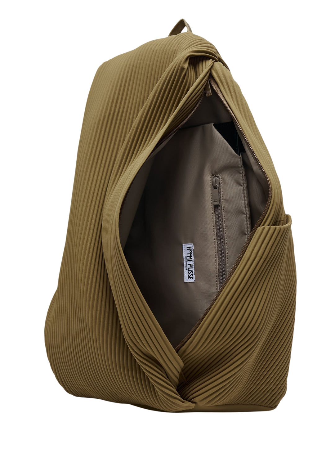 Back view of the Homme Plissé Issey Miyake Pleats Backpack in olive khaki, showing the pleated shoulder straps, adjustable buckles, and top carry handle - view 3