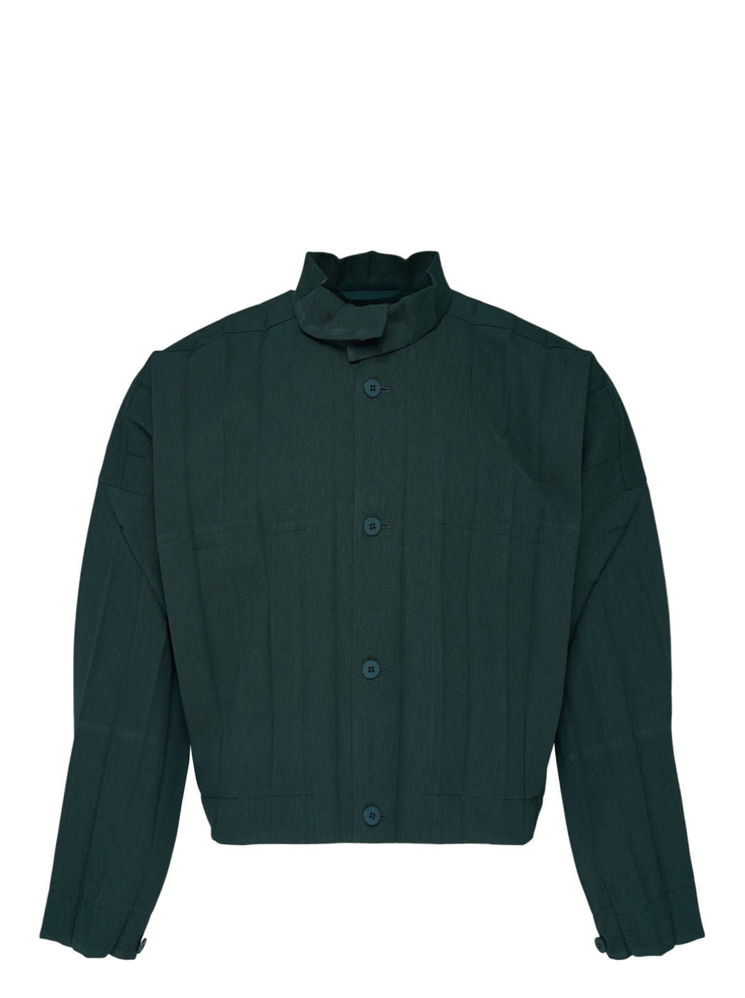 Homme Plissé Issey Miyake Edge Ensemble Pleated Blouson in deep forest green, featuring all-over vertical pleating, stand collar, tonal button front fastening, and patch chest pockets