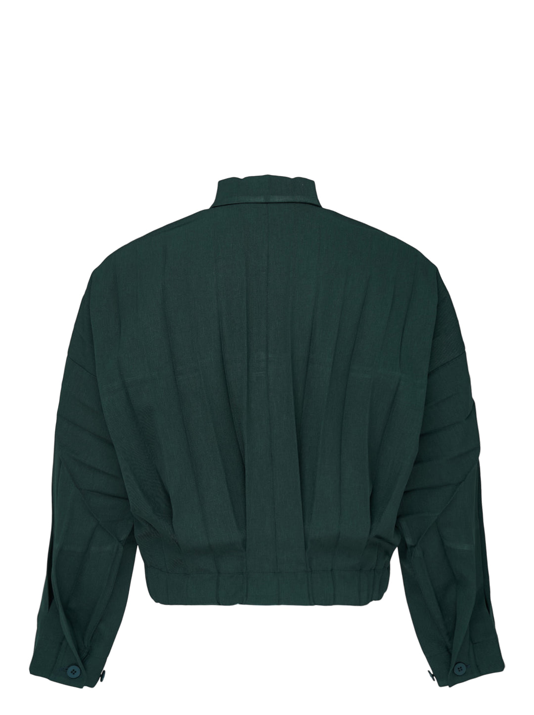 Homme Plissé Issey Miyake Edge Ensemble Pleated Blouson in deep forest green, featuring all-over vertical pleating, stand collar, tonal button front fastening, and patch chest pockets - view 2