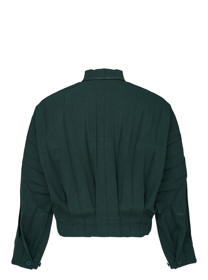 Homme Plissé Issey Miyake Edge Ensemble Pleated Blouson in deep forest green, featuring all-over vertical pleating, stand collar, tonal button front fastening, and patch chest pockets - view 2