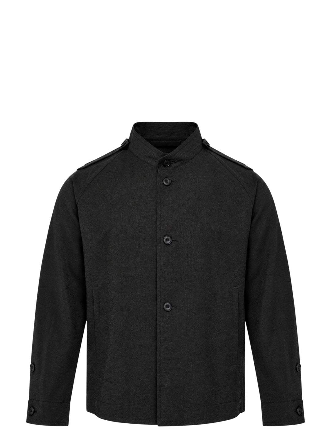 Homme Plissé Issey Miyake Opacity Blouson in black, featuring a mandarin collar, tonal button-front closure, epaulette shoulder detailing, and button tab cuffs