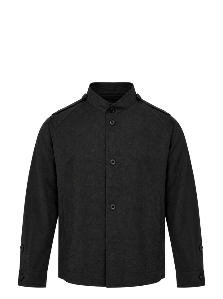 Homme Plissé Issey Miyake Opacity Blouson in black, featuring a mandarin collar, tonal button-front closure, epaulette shoulder detailing, and button tab cuffs