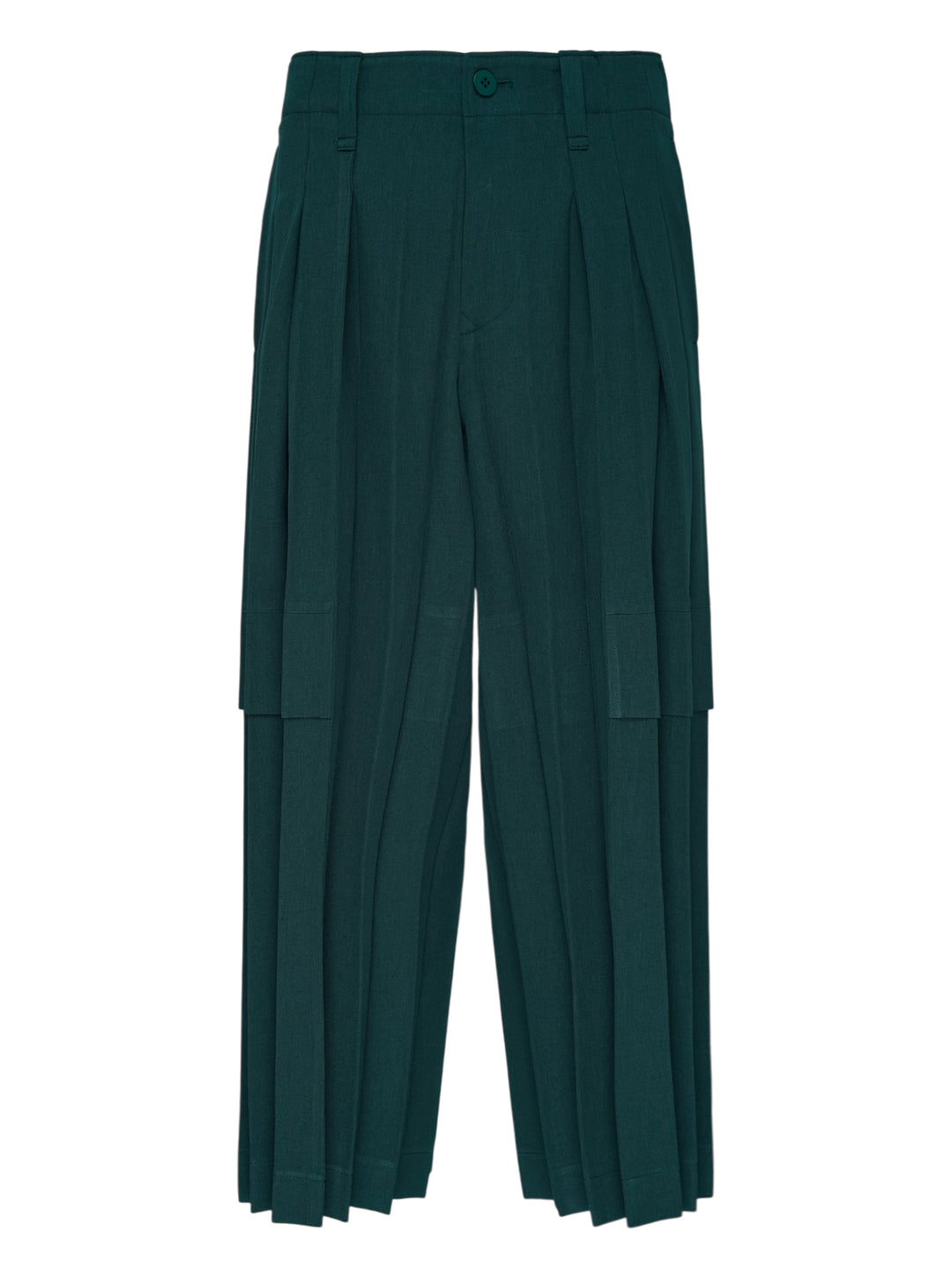 Homme Plissé Issey Miyake Edge Ensemble Pleated Pants in deep teal, featuring wide-leg silhouette with cascading knife pleats and a layered horizontal knee seam, shown flat on white background