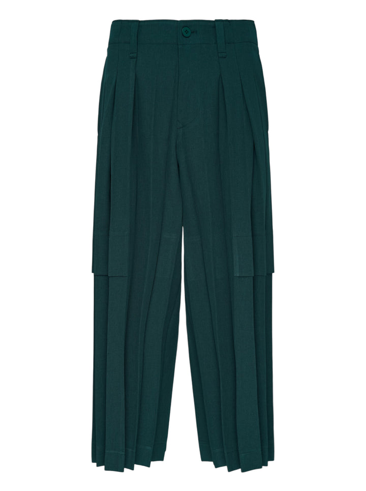 Homme Plissé Issey Miyake Edge Ensemble Pleated Pants in deep teal, featuring wide-leg silhouette with cascading knife pleats and a layered horizontal knee seam, shown flat on white background