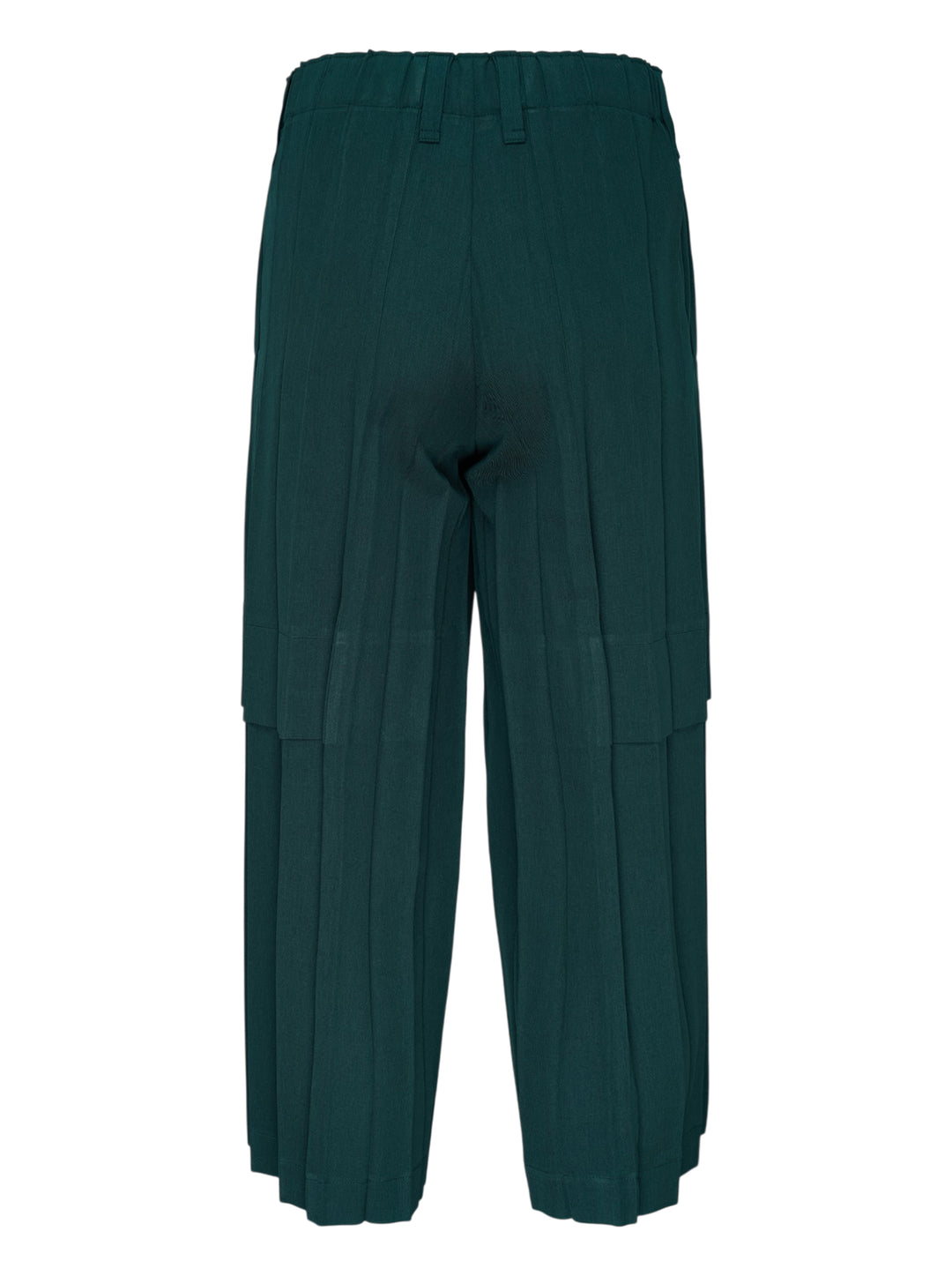 Homme Plissé Issey Miyake Edge Ensemble Pleated Pants in deep teal, featuring wide-leg silhouette with cascading knife pleats and a layered horizontal knee seam, shown flat on white background - view 2