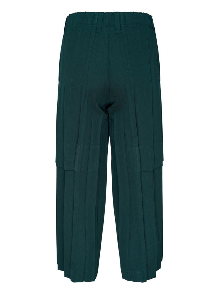 Homme Plissé Issey Miyake Edge Ensemble Pleated Pants in deep teal, featuring wide-leg silhouette with cascading knife pleats and a layered horizontal knee seam, shown flat on white background - view 2