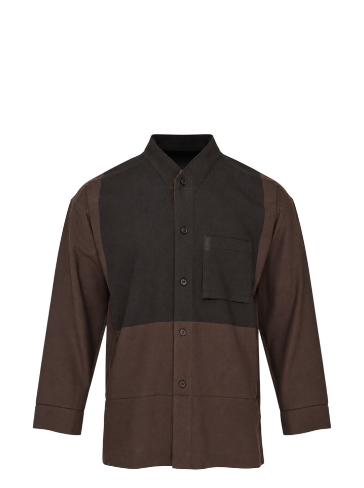 Homme Plissé Issey Miyake Press long sleeve shirt in two-tone brown and dark olive colour-block with band collar, button front and chest pocket